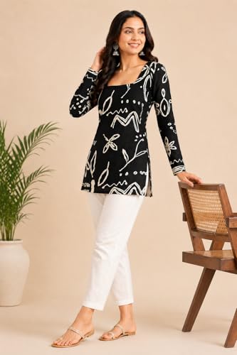 Image of Women's Cotton Printed Tunic Top | Square Neck Full Sleeve Casual Western Top | Trendy Longline Printed Top for Women | Stylish Party, Office