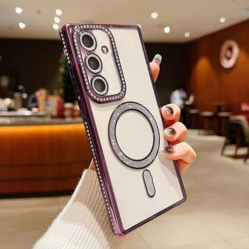 Image of for Samsung Galaxy Glitter Case,Luxury Bling Rhinestone Diamond Plated Bumper Case,MagSafe, Sparkle Camera Lens Protection Clear Back Cover (Purple, for Samsung Galaxy A55 5G)