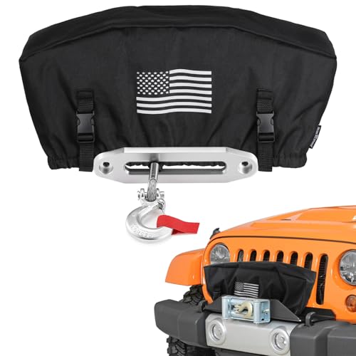 Upgraded 900D Oxford Winch Cover with Flag Pattern Heavy Duty Waterproof Winch Protection Cover Dust-Proof Winch Protective Cover for Electric Winches Up to 17500 Lbs With Adjustable Band