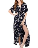 Women Wrap Maxi Dress Boho Floral Flowy V Neck Short Sleeves Split Summer Party Beach Dresses (MC8,US12-14)