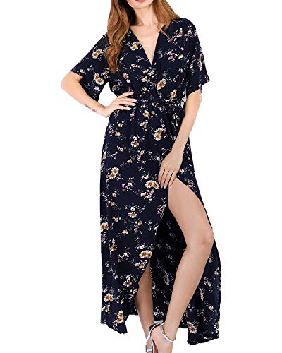 CHERFLY Womens Maxi Dress Boho Deep V Neck Floral Chiffon Wrap Split Maxi Dress with Belt(MC8,US12-14)