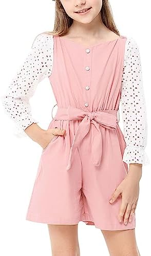 LLIONJIE Girls Long Sleeve Romper Jumpsuit Pink One Piece Jumpsuit Summer Outfit with Pockets for Girls 5-6 Years