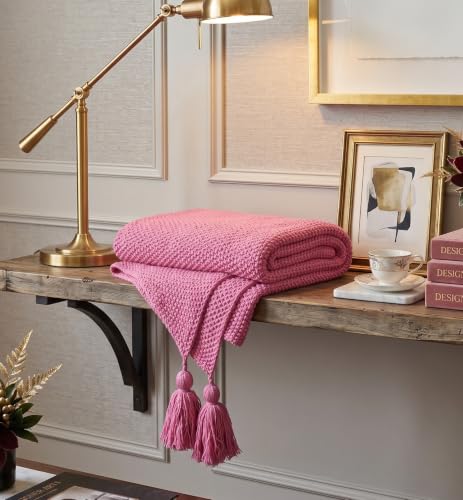 Image of Furnistitchs Plain Solid Knitted Sofa Throw Blanket 50x60 inches / 125x150 cms| Cotton Plain Knit with Tassels | Aesthetic Bohemian Decorative Couch Throws for Living Room & Bedroom (Pink)