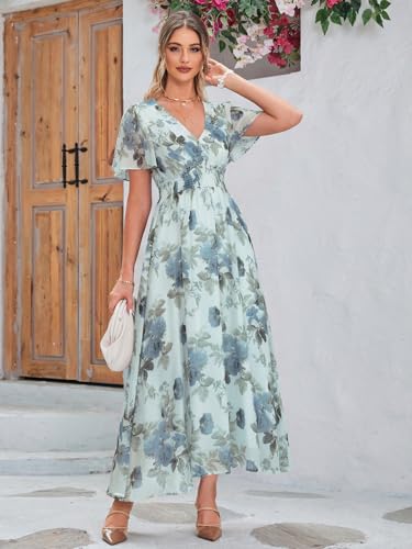 Image of Simplee Women's Boho Floral Maxi Dress Flowy Casual V Neck Short Sleeve Wedding Guest Holiday Beach Long Dress