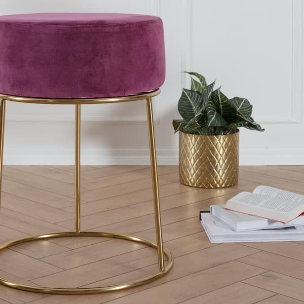 Velvet Vanity Stool with Gold Metal Legs, Purple, for Bedrooms, Living Rooms and More (Pink)-image-8