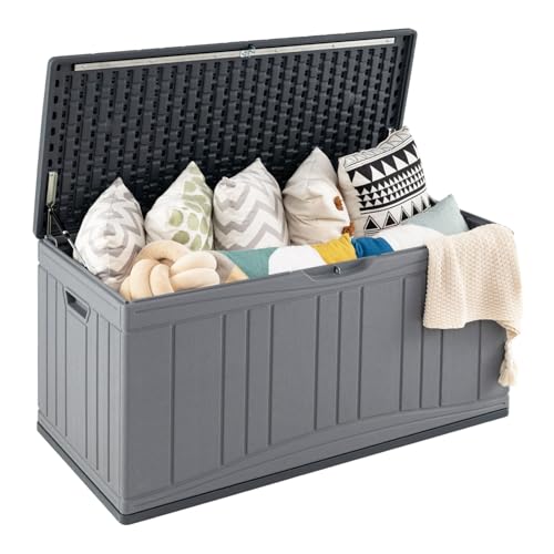 costway baule da esterno 300l impermeabile in resina, cassapanca contenitore da esterno con pistoni a gas, predisposizione per serratura e 2 maniglie laterali, resistente, 114 x 55 x 61 cm (grigio)