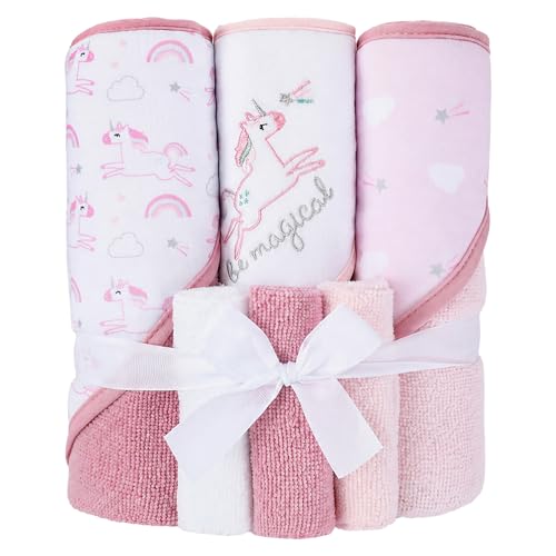 Image of Viviland Baby Towels and Baby Wash Cloths Set Hooded Baby Towels Baby Wipes Absorbent Bath Face Towels Burp Cloths or Face Towels for Girl Boy 6-Pack Size 28 x 28 Inch(Unicorn Rainbow)