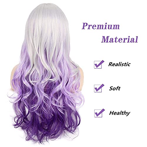 Beweig BW-L588-PURPLE Long Curly Wavy Silver Grey To Purple Wig Side Part Natural Looking Synthetic Cosplay Wig thumb #5