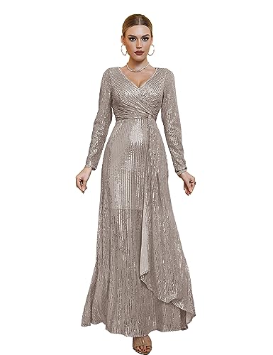 Image of Long Sleeve Sequin Dress For Women Formal Gowns Sparkly V Neck Maxi Dress