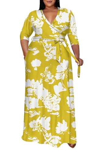 Image of Runwind Plus Size Dress for Women - 3 /4 Sleeve V Neck Maxi Dresses for Women (XL-6XL)