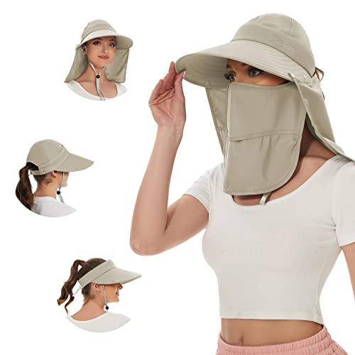 Century Star Wide Brim Sun Hat Uv Protection Visor Sun Hats For Women Foldable Ponytail Summer Fishing Hiking Outdoor Hat With Face Mask Neck Flap Khaki One Size #TOP14