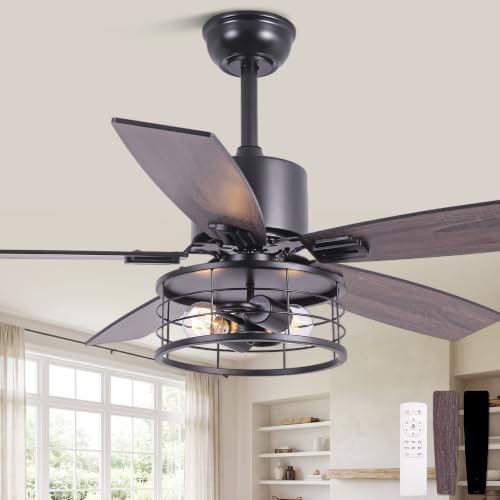 Image of 46 inch Farmhouse Ceiling Fan with Lights Remote Rustic Ceiling Fan | Industrial Caged Fandelier, Black Chandelier Light for Living Room Indoor Outdoor, Reversible DC Motor 6 Speeds, 2 E26 Bases