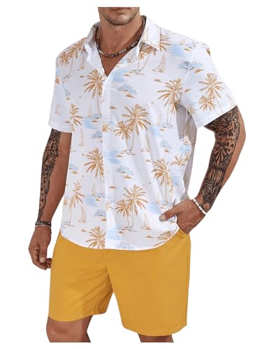 Men's Plus Size Hawaiian Matching Set Tropical Print Short Sleeve Button Down Shirt and Shorts Set Vacation Outfits