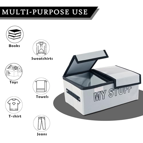 Image of Kuber Industries Pack of 6 Foldable Storage Organiser | Storage Box with Double Lid | Cloth Organizer for Wardrobe | Cupboard Drawer Organizer | My Stuff | Grey