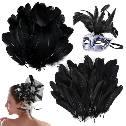 Federn zum Basteln, 100 Stück 2 Stile Schwarze Federn, (9-15cm/12-17cm) Schwarz Deko Federn, für Hochzeitsdeko Party Deko DIY Basteln Weihnachten Traumfänger Ohrringe Faschingskostüme Halloween Masken