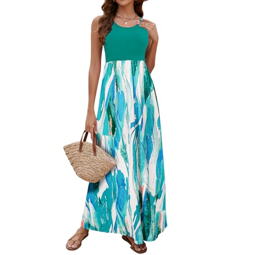 Image of Sherosa Women Boho Chevron Striped Floral Printed Summer Sleeveless Tank Long Maxi Party Dress
