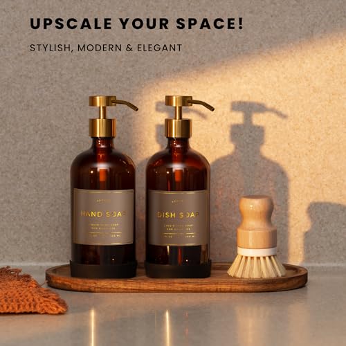 Image of Hand and Dish Soap Dispenser for Kitchen and Bathroom, Set of 2 16 Oz Glass Bottles, Stainless Steel Pumps, Non-Slip Silicone Base, 27 Waterproof Labels (Amber Bottle /Brushed Gold Pump)