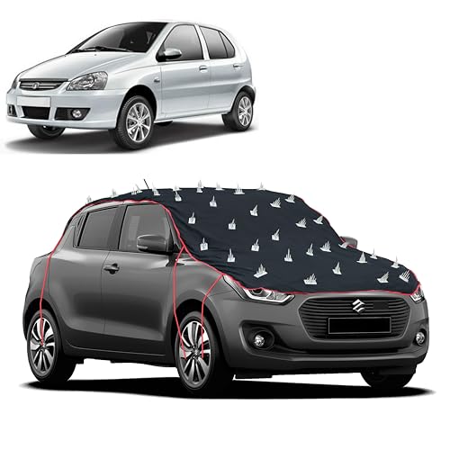 Image of Dog Protection Spike Car Cover for Tata Indica Bonnet to Roof Easy Installation with 4 Elastic Hook Strap | Anti-Scratch Soft Cotton Inner | Complete Protection from Street Dogs & Monkeys