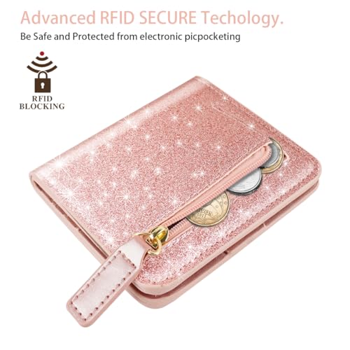 Image of Small Womens Glitter Wallet Thin Credit Card Holder Pocket | Compact Women Slim RFID Blocking Bling Wallets Bifold Ladies Mini Purse Pocket for Travel & Daily Use, Rose