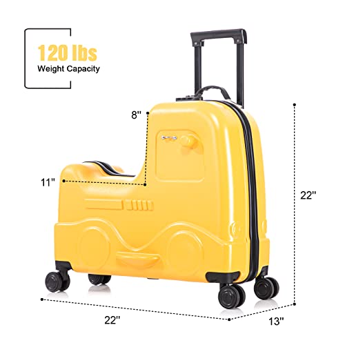 Apelila 22 inch Ride on Suitcase for Kids Travel Luggage Trolley Suitcase with Spinner Wheels Travel Luggage for Child with Combination Lock/Safety Belt/Telescoping Handle (Yellow)