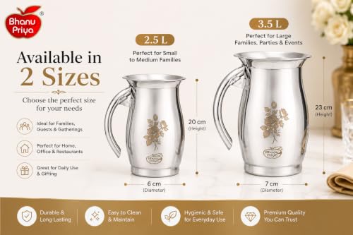 Image of Bhanu Priya Stainless Steel Deluxe Laser Water Jug 2.5 L | Mirror Polish Steel Jug | Floral Laser Engraving | Wide Mouth | Strong Riveted Handle | Water, Juice, Milk & Lassi Jug| 2.5 L