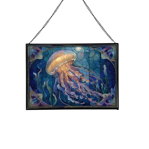 Jellyfish Illuminated by Ocean Moonlight Rectangular Stained Glass Suncatcher – Hanging Window Panel with Animal & Nature Scene – Vibrant Glass Art Gift for Wildlife, Fantasy, Nature Lovers tQ3edX