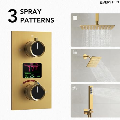 Ducha de lluvia de alta presión de 12" con pantalla de temperatura, sistema inteligente de doble cabezal de ducha con válvula (acabado dorado cepillado) miniatura 2
