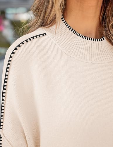 Zesica Women'S Striped Sweaters 2024 Casual Long Sleeve Mock Neck Contrast Color Comfy Loose Knit Pullover Tops,Apricot,Medium thumb #4