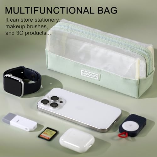Image of ANGOOBABY Mesh Pencil Bag Clear pencil case Zipper Pouch Bags Multifunctional Pencil Holder for Students, Small Makeup Bag Suitable for Teen Girls & Boys（Green）