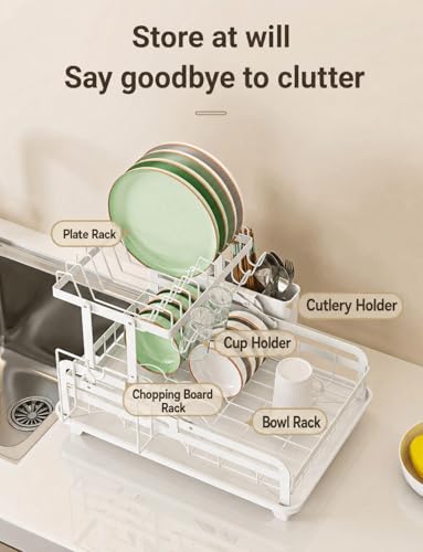 Image of HomeCloud 2 Tier Large Dish Drying Stand, Kitchen Dish Drainer with 360 Flexible Draining Board for Counter - Sink Drainer with Drip Tray, Utensil Holder, Cup Organizer (White)