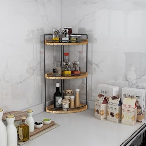 Image of Dorhors 3-Tier Corner Bathroom Organizer Countertop for Storage,Vanity Tray,Wood Counter Organizer for Kitchen,Bathroom,Dresser (Rustic Brown)