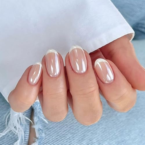 XZMeiLun Press On Nail, French Tip Chrome Acrylic Press On Nails Short Round, Designer Reusable Glazed Fake Nails, Glossy Soft Gel Nails Wedding and Party, Stick On Glue On Nails Press Ons for Women