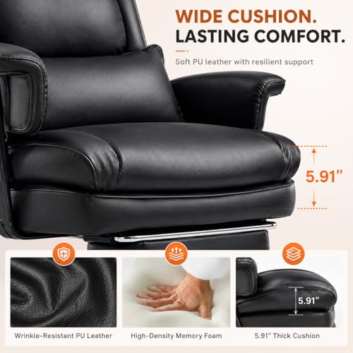 Image of Big and Tall Ergonomic Office Chair with Footrest, Executive High Back PU Leather Desk Chair, Reclining Computer Chair with Adjustable Lumbar Support and Armrests, Swivel Rolling Gaming Chair, Black