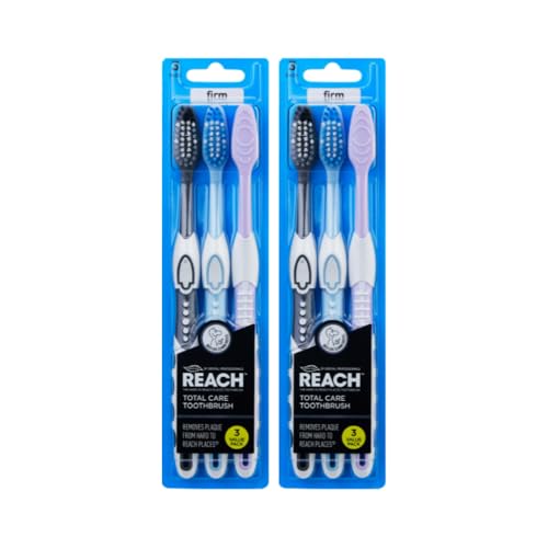 REACH Total Care Firm Toothbrush ––2 x 3 Pack(6 Brushes), Compact Head with V-Trim Bristles, Tongue Cleaner & Non-Slip Grip, Removes Plaque, Gentle on Sensitive Teeth, Cruelty-Free, Daily Dental Care