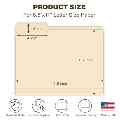 Manilla Folders 8.5 x 11 File Folders Letter Size Manila Folder with 1/3 Cut Tab 100 Pack Paper Folders for Office, School, Home, Business Filing Supplies Made in USA by WritePads - Image 2