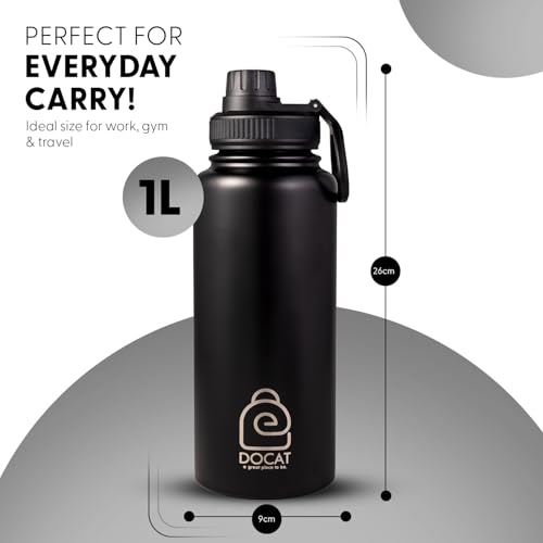 Image of DOCAT Water Bottle 1 Litre, Stainless Steel Sipper Water Bottle, Leak Proof Lid, Rust Proof, 24 Hours Hot and Cold Thermosteel Vacuum Insulated Water Bottle