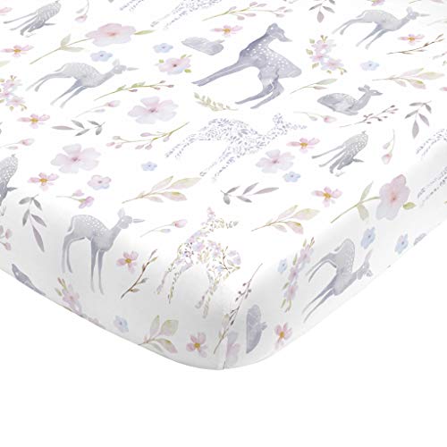 Image of NoJo Super Soft Floral Deer Nursery Mini Crib Fitted Sheet, Grey, Light Blue, Pink, White 24x38 Inch (Pack of 1)