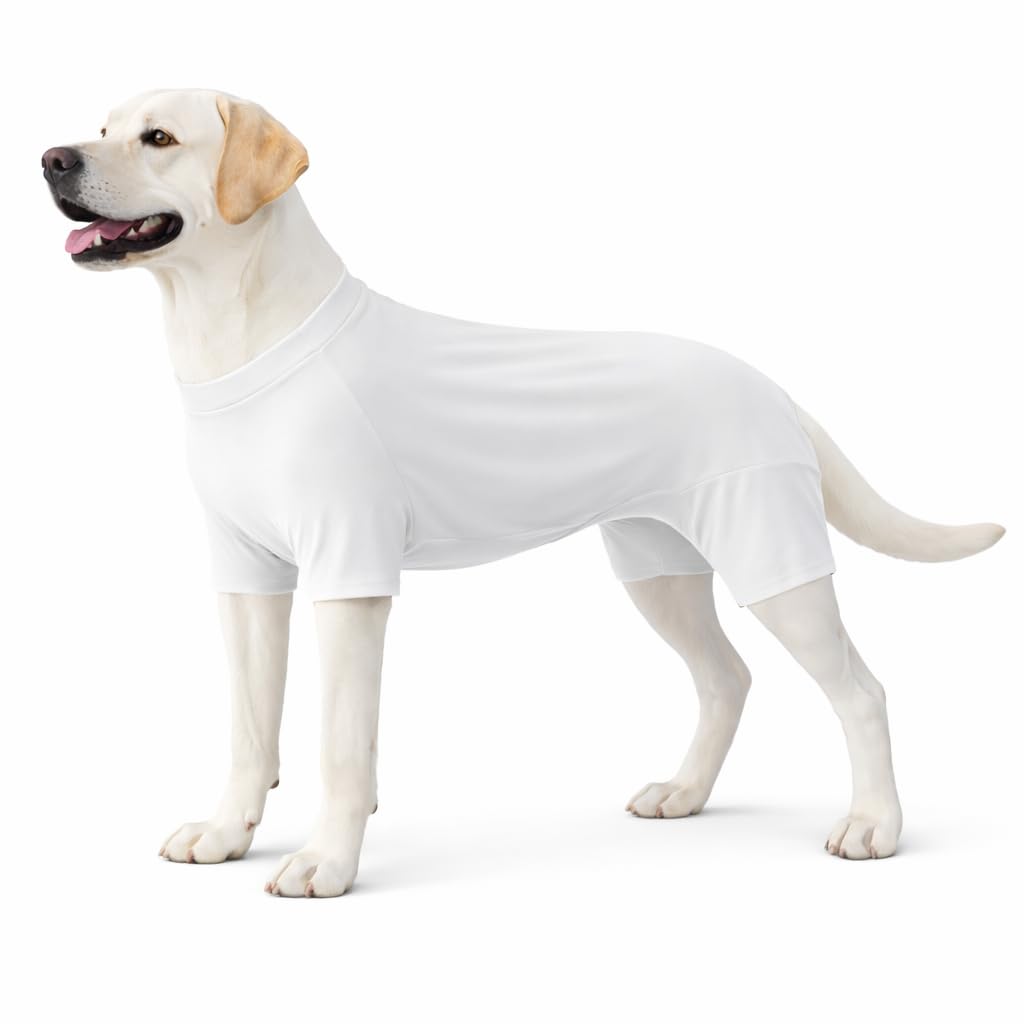Lovelonglong Dog Full Bodysuit – Stretchy Yoga Fabric 4-Leg Dog Pajamas, Breathable & Lightweight Dog Onesie for Indoor & Outdoor, Shedding Control & Travel Wear White 4XL