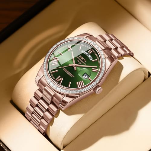 Image of NIBOSI Watches for Men Analog Quartz Diamond Bezel Stainless Steel Dial Rose Gold Silver Mens Watch Waterproof Business Classic Dress Wrist Watch with Day Date
