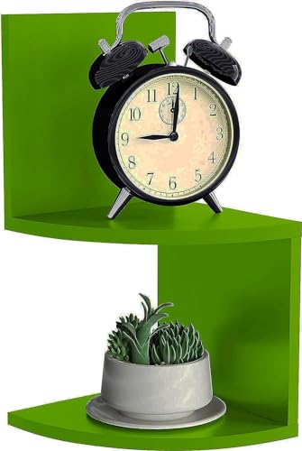 Image of Wall Mount Corner Shelves with Two Tiers for Wall Decoration and Storage Organiser Rack for Living Room, Bedroom, and Office Decor - Made of Wood (Green)