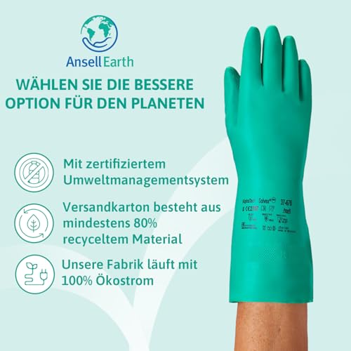 Ansell AlphaTec 37-675, Chemikalienschutzhandschuhe, Wasserdichte Sicherheitshandschuhe, Lebensmittel- und Reinigungshandschuhe, Latexfreie Schutzhandschuhe, Grüne Nitrilhandschuhe, 12 Paar, Gr. 2XL