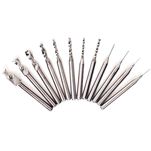 End Mill Bit Sets, 12pcs Tungsten Carbide CNC Rotary Bits PCB Milling Bits CNC Router Bits Engraving Bits Cone Cutter Drilling Hole Tool for PCB Mould, Plastic, Fiber, Carbon, Wood 0.25mm~5.5mm