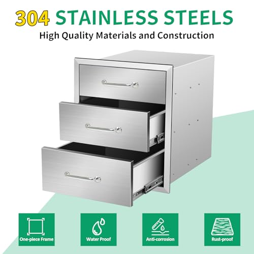 Image of Outdoor Kitchen Drawers 18 inch W x 21 inch H x 21 inch D Stainless Steel Triple Drawers with Ergonomic Handle for BBQ Island, Patio Grill Station & Outdoor Kitchen Cabinets