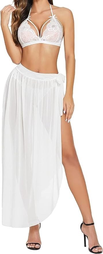 Women's Sheer Beach Sarong Wrap Maxi Skirt, White, Side Slit, Net Fabric-picture-43