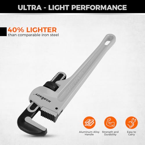 Image of HORUSDY Pipe Wrench 14-Inch, Aluminum Heavy Duty Adjustable Straight Plumbing Pipe Wrench, 350mm, 1 /2 inch-1-1 /2 inch Capacity, Lightweight Gray Tool with Strong Grip for Pros, Maintenance & DIY