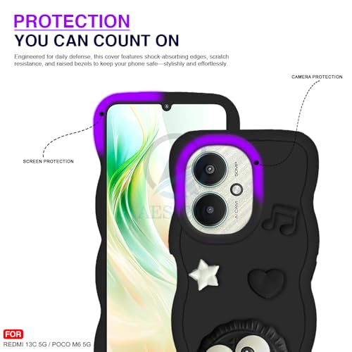 Image of AESTMO Back Case Cover for Redmi 13C 5G / Poco M6 5G | 3D Cute Fun Cartoon Characters | Anti Slip Grip Cute Wave Curly Frame Shape | Back Cover for Redmi 13C 5G / Poco M6 5G | (Black)