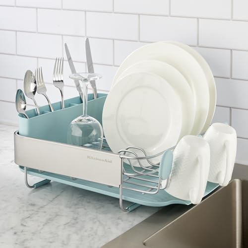Image of KitchenAid Compact Space Saving Rust Resistant Dish Rack with Removable Flatware Caddy and Angled Self Draining Drainboard, 12.63 x 15.87 x 5.54 Inch, Mineral Water