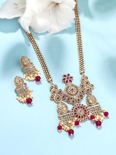 Image of Yellow Chimes Jewellery Set For Women | Red Stone Beads Necklace Set For Women | Traditional Gold Plated Jewellery Set For Girls | Birthday Gift For Girls & Women For Wife