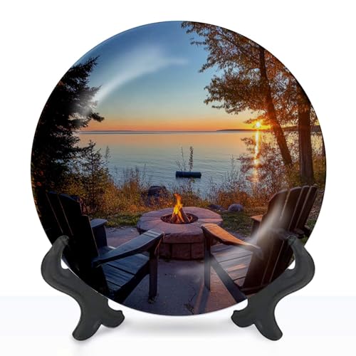 DISAOODANK Decorative Plates Chair Table Looking Lake Superior Wall Decor Ceramic Ornament with Display Stand and Hook Up for Festival, Parties, Wedding 10