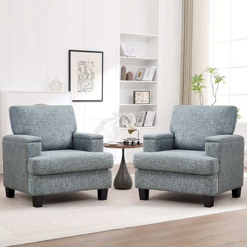 Image of Modern Accent Chairs Set of 2 with Armrest Storage, Upholstered Reading Chairs, Comfy Large Armchairs (Bluish Grey)
